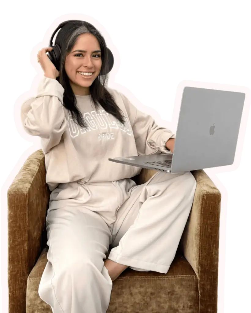 Latina woman recording podcast about mental health, smiling with headphones and laptop